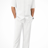 Matthew - Men's Textured Camp Collar Shirt and Straight Leg Trousers Set - White