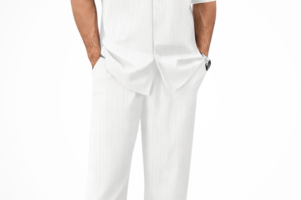 Matthew - Men's Textured Camp Collar Shirt and Straight Leg Trousers Set - White