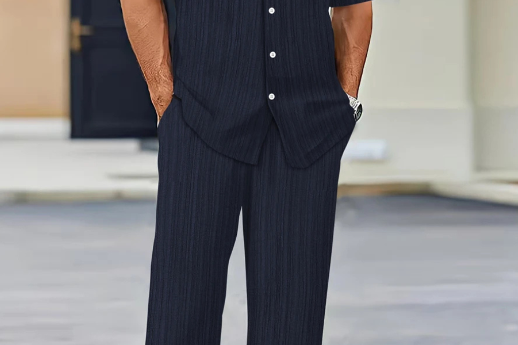 Matthew - Men's Textured Camp Collar Shirt and Straight Leg Trousers Set