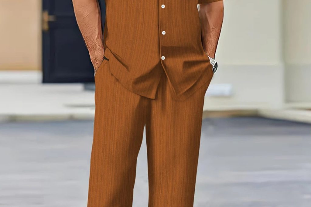 Matthew - Men's Textured Camp Collar Shirt and Straight Leg Trousers Set