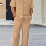 Matthew - Men's Textured Camp Collar Shirt and Straight Leg Trousers Set