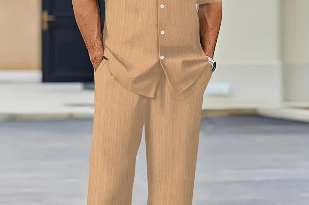 Matthew - Men's Textured Camp Collar Shirt and Straight Leg Trousers Set