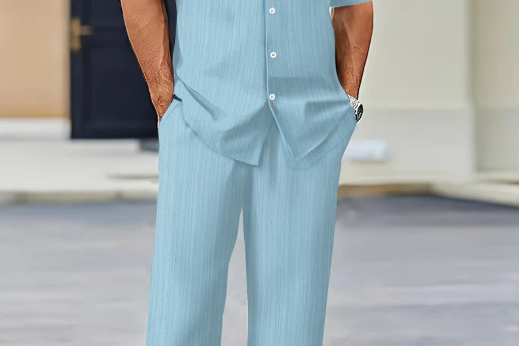 Matthew - Men's Textured Camp Collar Shirt and Straight Leg Trousers Set