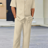 Matthew - Men's Textured Camp Collar Shirt and Straight Leg Trousers Set