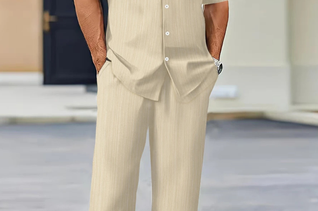Matthew - Men's Textured Camp Collar Shirt and Straight Leg Trousers Set