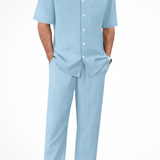 Matthew - Men's Textured Camp Collar Shirt and Straight Leg Trousers Set - Sky Blue