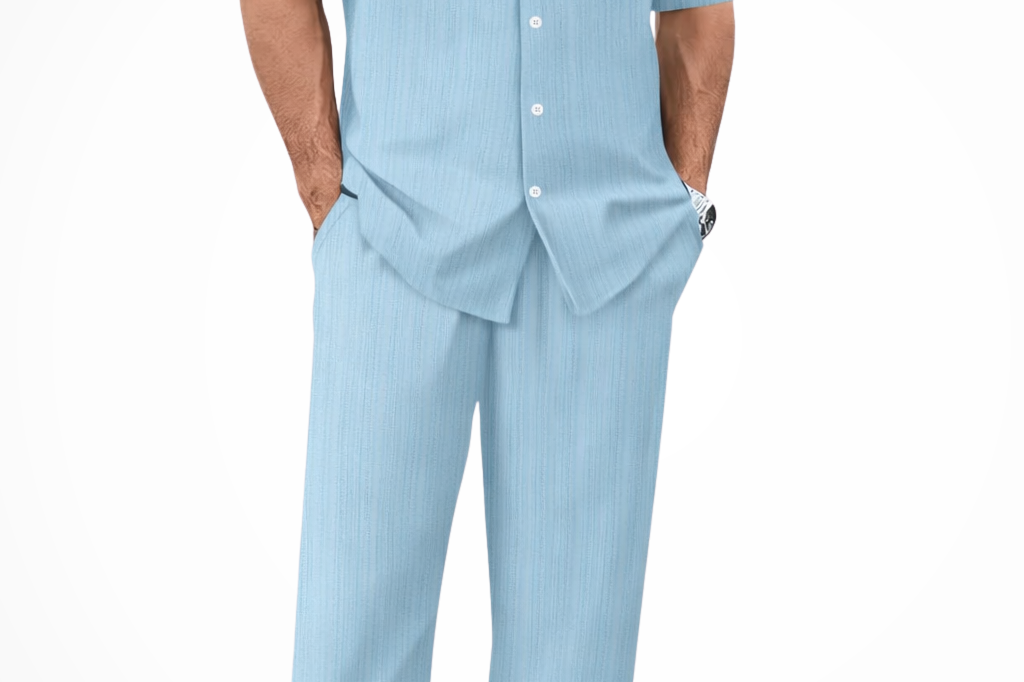 Matthew - Men's Textured Camp Collar Shirt and Straight Leg Trousers Set - Sky Blue