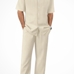 Matthew - Men's Textured Camp Collar Shirt and Straight Leg Trousers Set - Apricot