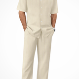 Matthew - Men's Textured Camp Collar Shirt and Straight Leg Trousers Set - Apricot