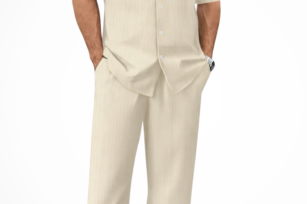 Matthew - Men's Textured Camp Collar Shirt and Straight Leg Trousers Set - Apricot
