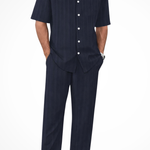 Matthew - Men's Textured Camp Collar Shirt and Straight Leg Trousers Set - Navy Blue