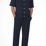 Matthew - Men's Textured Camp Collar Shirt and Straight Leg Trousers Set - Navy Blue