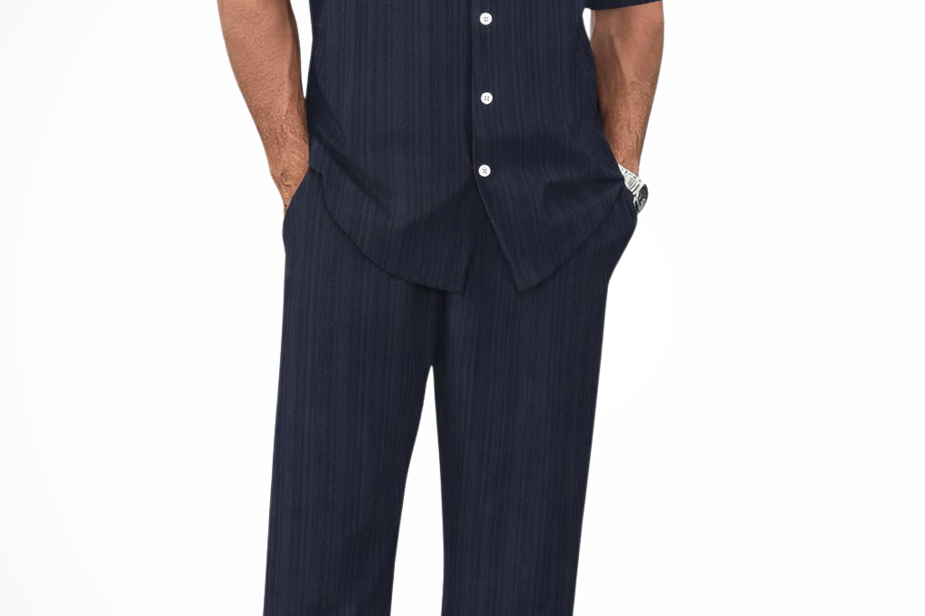 Matthew - Men's Textured Camp Collar Shirt and Straight Leg Trousers Set - Navy Blue