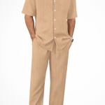 Matthew - Men's Textured Camp Collar Shirt and Straight Leg Trousers Set - Khaki