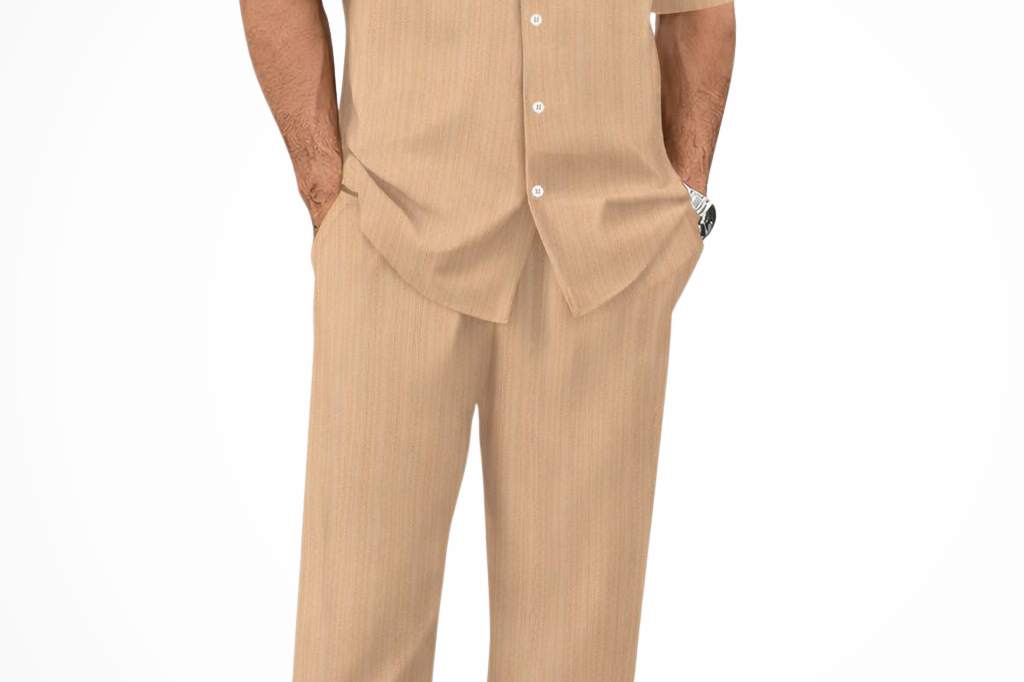 Matthew - Men's Textured Camp Collar Shirt and Straight Leg Trousers Set - Khaki