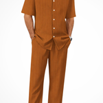 Matthew - Men's Textured Camp Collar Shirt and Straight Leg Trousers Set - Coffee