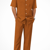 Matthew - Men's Textured Camp Collar Shirt and Straight Leg Trousers Set - Coffee