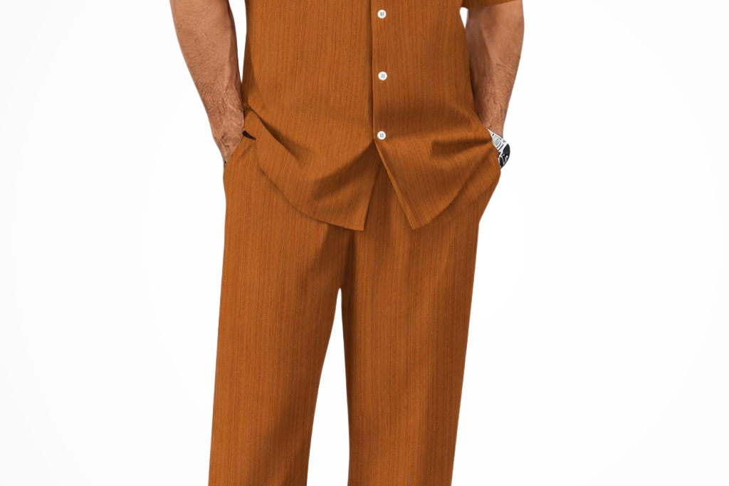 Matthew - Men's Textured Camp Collar Shirt and Straight Leg Trousers Set - Coffee