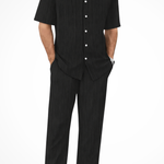 Matthew - Men's Textured Camp Collar Shirt and Straight Leg Trousers Set - Black