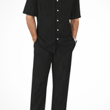 Matthew - Men's Textured Camp Collar Shirt and Straight Leg Trousers Set - Black