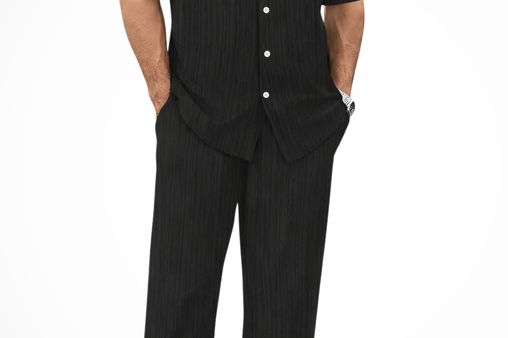 Matthew - Men's Textured Camp Collar Shirt and Straight Leg Trousers Set - Black