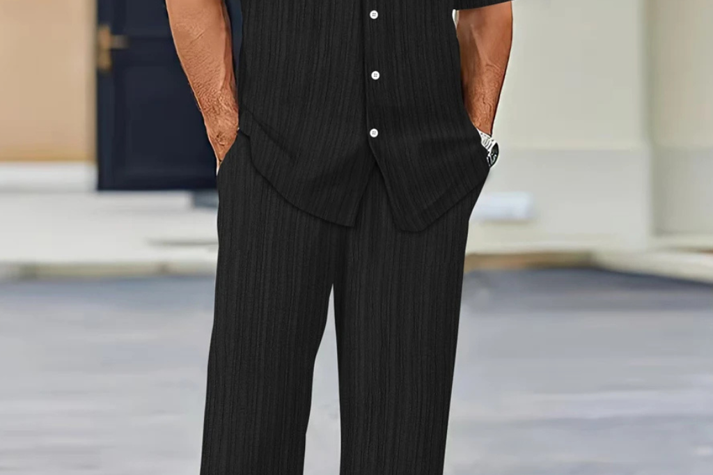 Matthew - Men's Textured Camp Collar Shirt and Straight Leg Trousers Set