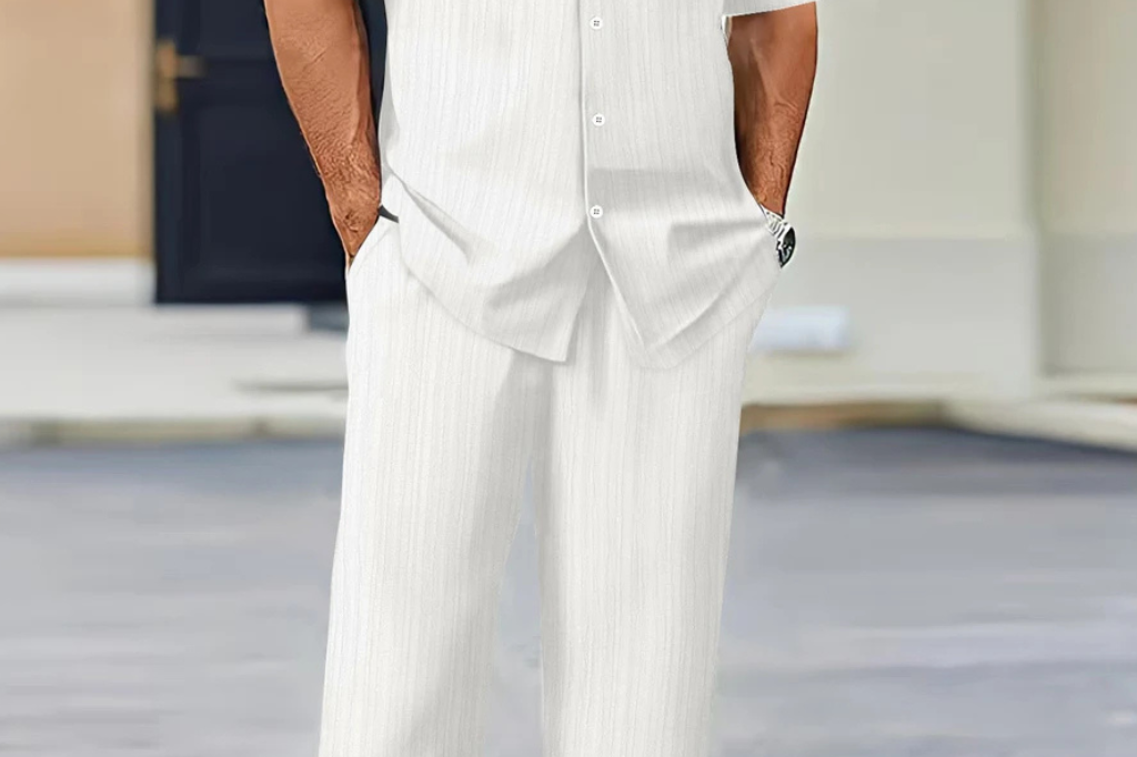 Matthew - Men's Textured Camp Collar Shirt and Straight Leg Trousers Set