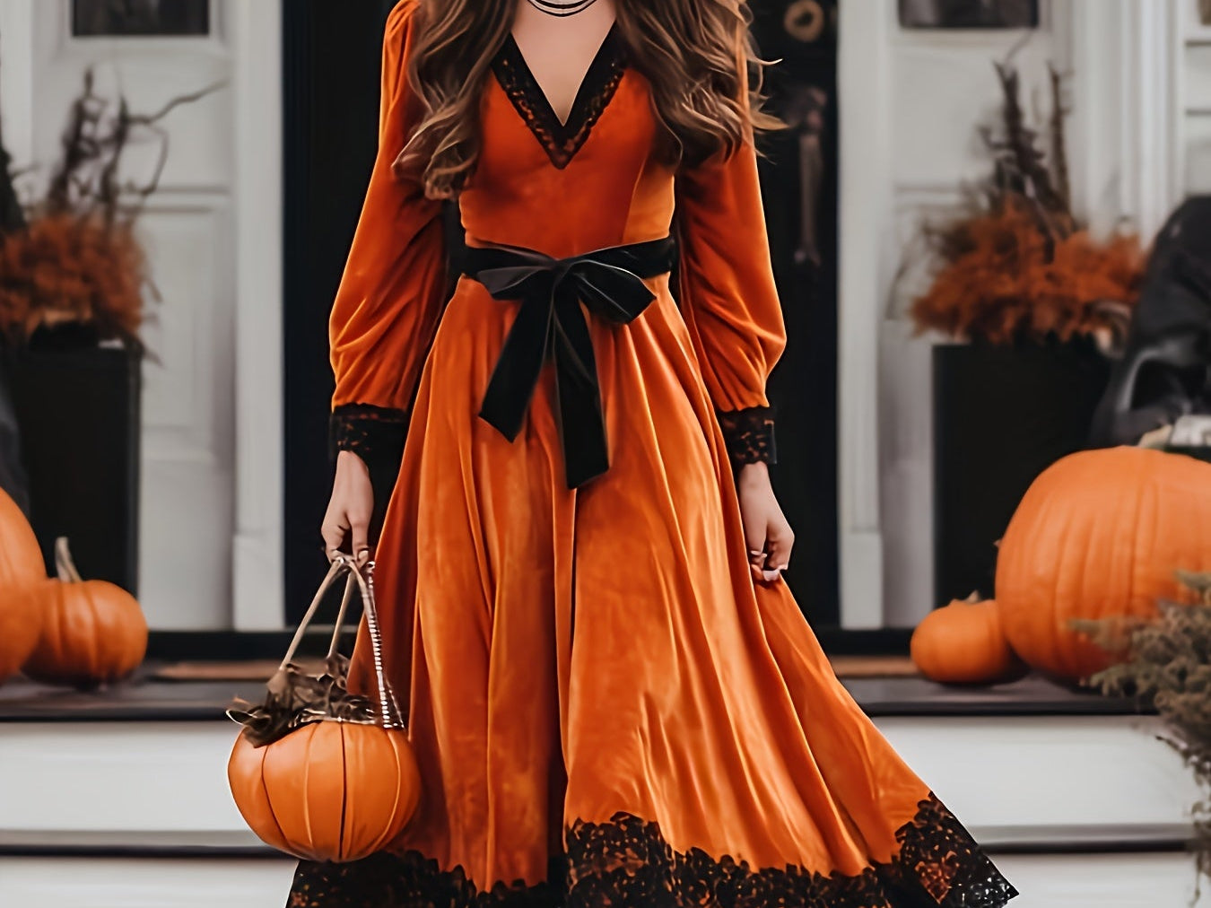 McKinley - Women's Velvet Deep V-Neck Lace-Up Dress with Lace Hem - Tangerine Red