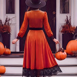 McKinley - Women's Velvet Deep V-Neck Lace-Up Dress with Lace Hem
