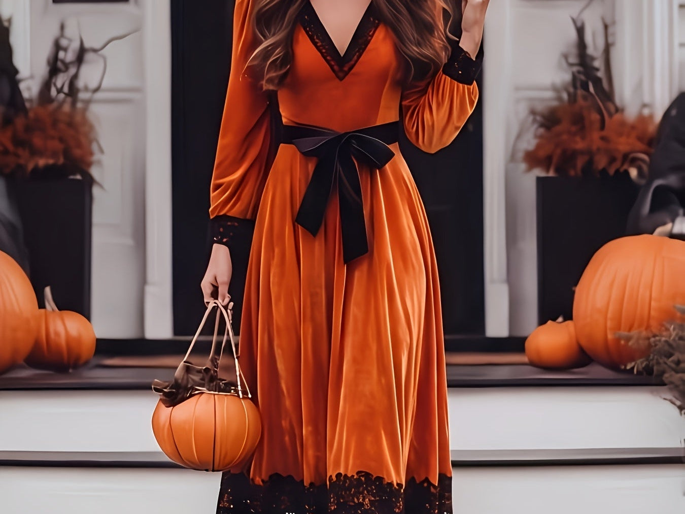McKinley - Women's Velvet Deep V-Neck Lace-Up Dress with Lace Hem