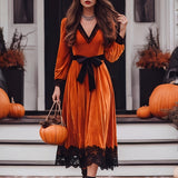 McKinley - Women's Velvet Deep V-Neck Lace-Up Dress with Lace Hem