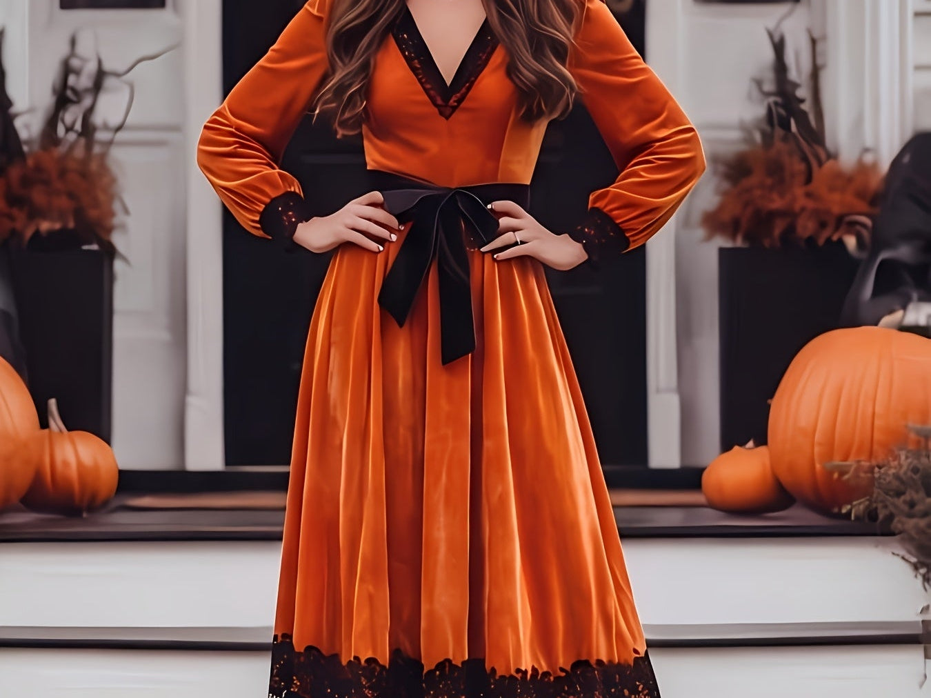 McKinley - Women's Velvet Deep V-Neck Lace-Up Dress with Lace Hem