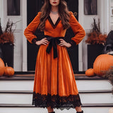 McKinley - Women's Velvet Deep V-Neck Lace-Up Dress with Lace Hem