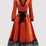 McKinley - Women's Velvet Deep V-Neck Lace-Up Dress with Lace Hem