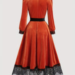 McKinley - Women's Velvet Deep V-Neck Lace-Up Dress with Lace Hem