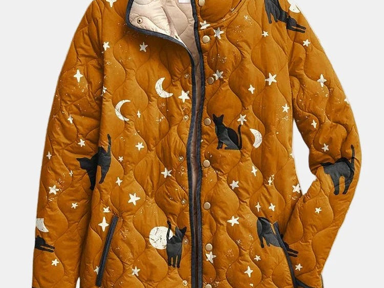 Merry - Women's Black Cat Halloween Print Lightweight Quilted Jacket - Black Cat Print