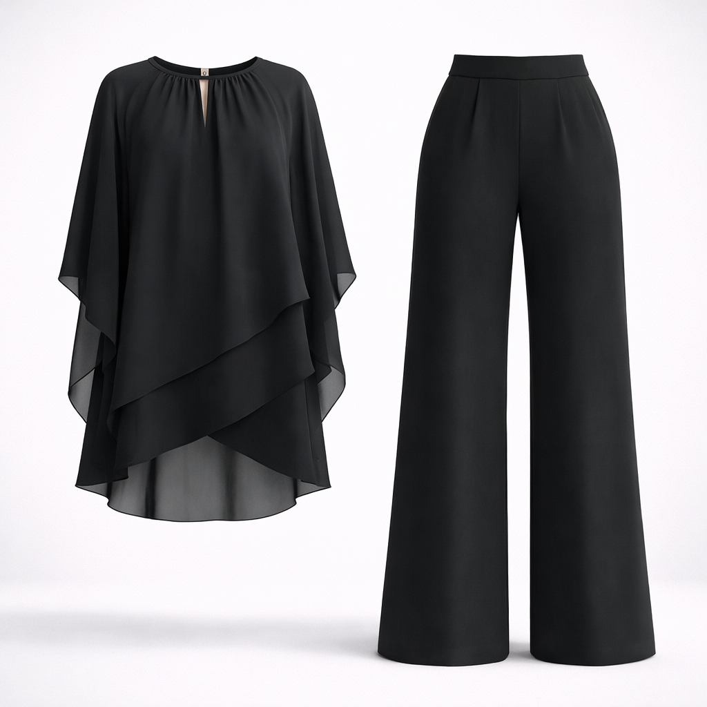 Mirren - Women's Draped Chiffon Top and Wide-Leg Pants Set - Black
