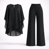 Mirren - Women's Draped Chiffon Top and Wide-Leg Pants Set - Black
