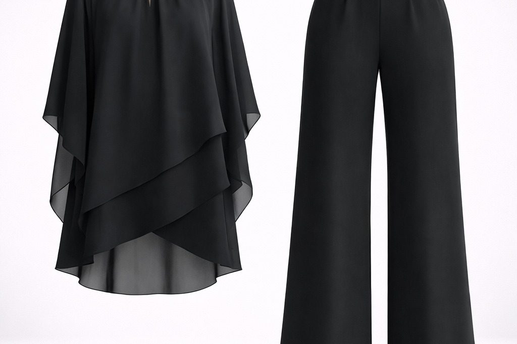 Mirren - Women's Draped Chiffon Top and Wide-Leg Pants Set - Black