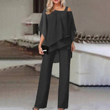Mirren - Women's Draped Chiffon Top and Wide-Leg Pants Set