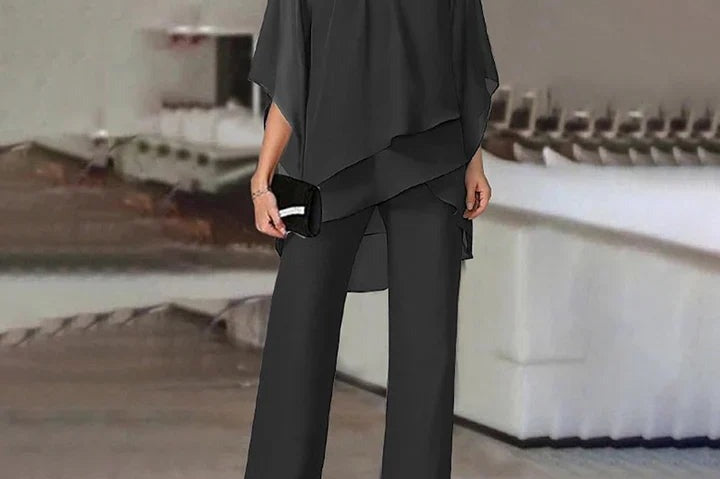 Mirren - Women's Draped Chiffon Top and Wide-Leg Pants Set