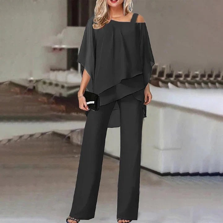 Mirren - Women's Draped Chiffon Top and Wide-Leg Pants Set