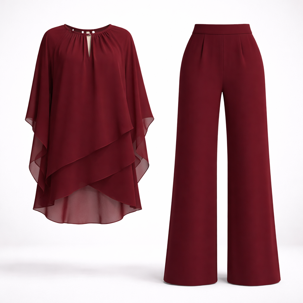 Mirren - Women's Draped Chiffon Top and Wide-Leg Pants Set - Burgundy