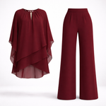 Mirren - Women's Draped Chiffon Top and Wide-Leg Pants Set - Burgundy