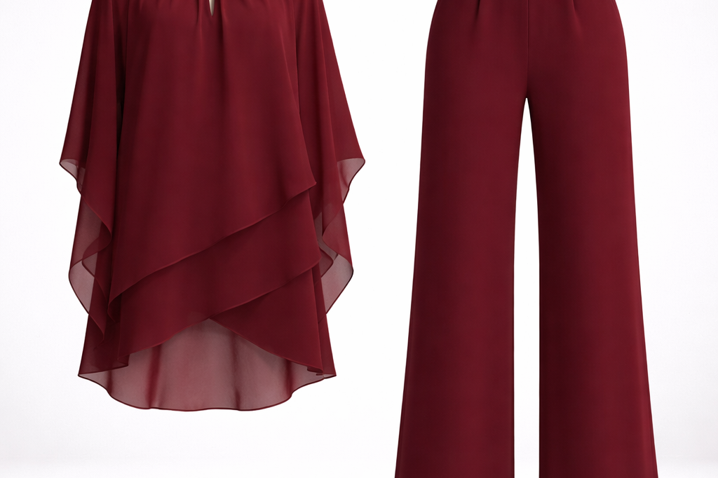 Mirren - Women's Draped Chiffon Top and Wide-Leg Pants Set - Burgundy