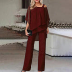 Mirren - Women's Draped Chiffon Top and Wide-Leg Pants Set