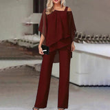 Mirren - Women's Draped Chiffon Top and Wide-Leg Pants Set