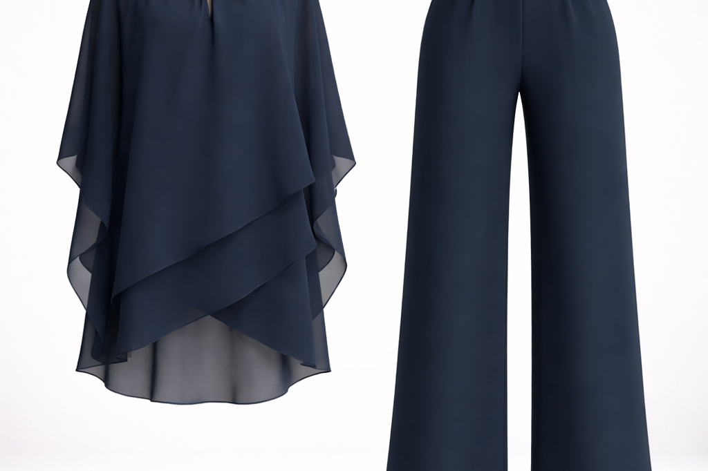 Mirren - Women's Draped Chiffon Top and Wide-Leg Pants Set - Navy Blue