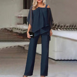 Mirren - Women's Draped Chiffon Top and Wide-Leg Pants Set