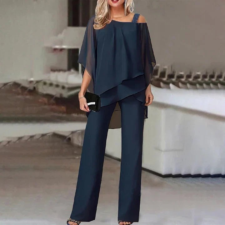 Mirren - Women's Draped Chiffon Top and Wide-Leg Pants Set